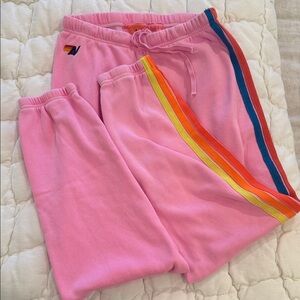 Aviator Nation Hot Pink Sweatpants with Rainbow Stripes
